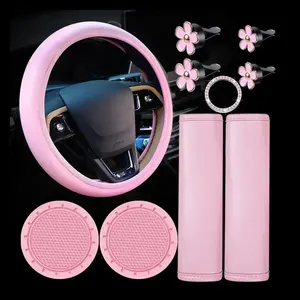 Solid Color Car Interior Accessories Set - Pink Steering Wheel Cover, Cute Coaster & Seat Belt Cushion for Women, Auto Decor Perfect for Daily & Travel Use