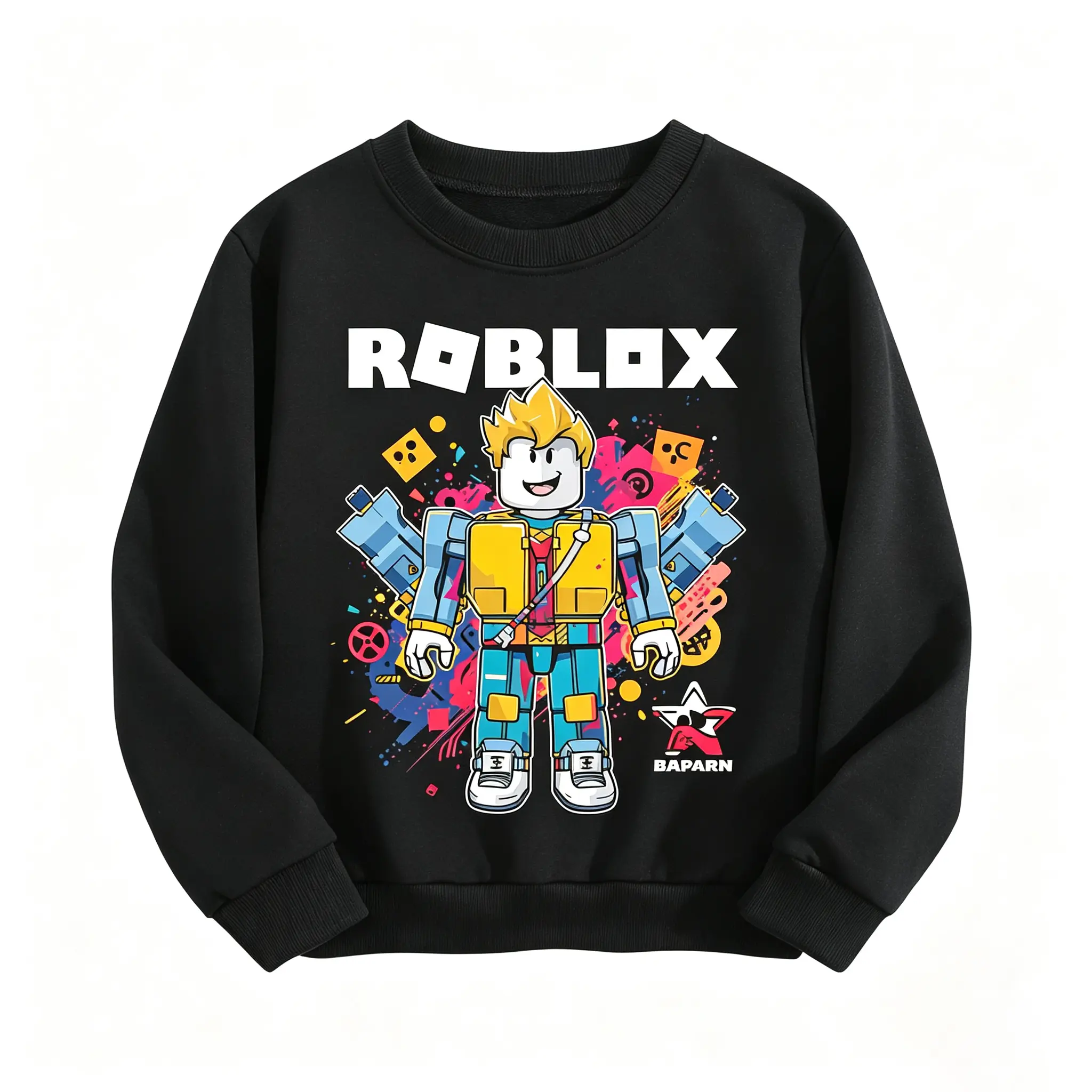 Boys Roblox Blonde Character Graphic Crew Neck Sweatshirt, Game Hero Long Sleeve Pullover Top