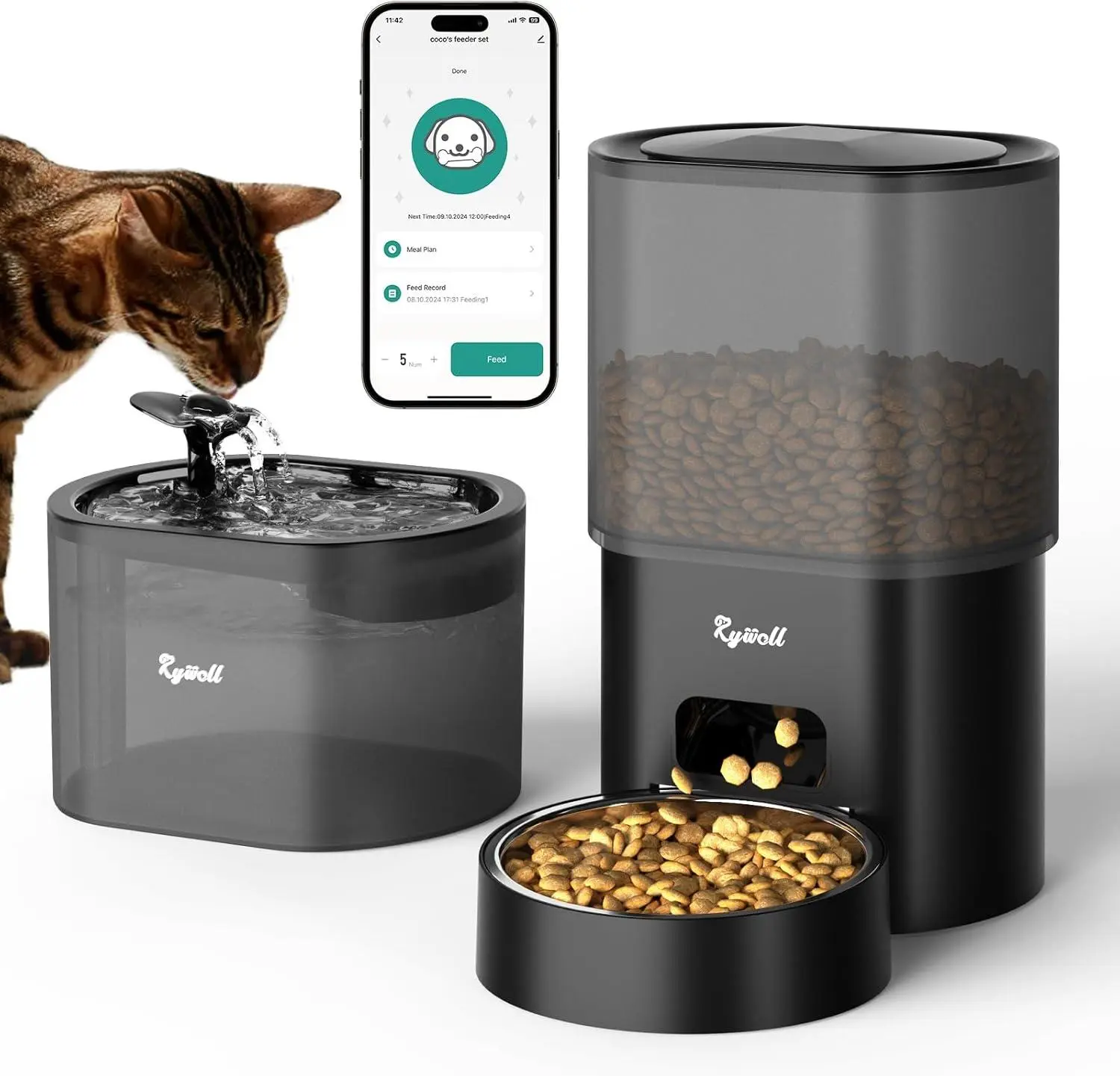 Automatic Pet Feeder & Water Fountain App Control 3L Cat Food Dispenser 85oz 2.5L Water Dispenser Dual Power Stainless Steel Bowl catwaterfountain Feeding cat water fountain Dry Food Dry Food