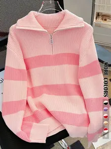 Women's Striped Print Zip Up Sweater, Casual Long Sleeve Jumper for Fall & Winter, Fashion Ladies' Knitwear for Daily Wear, Womenswear