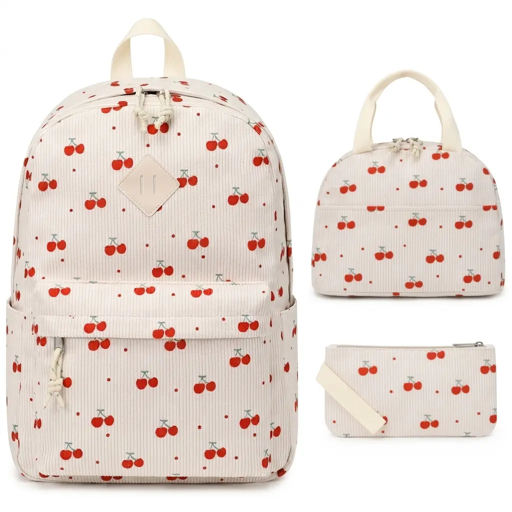 Aesthetic Bookbag Set for Girls, 3-Piece Kit with Flowers & Fruit Print, Includes Insulated Pouch & Laptop Sleeve for Back to School Haul, Kawaii Backpack, Trendy Backpack, School Backpacks
