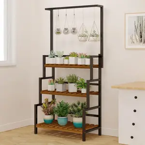 3-Tier Galvanized Carbon Steel Pot Plant Stand with Hanging Rod, Rust-Resistant Weather-Resistant Indoor/Outdoor Flower Shelf, 20-25kg Per-Tier Load, Hanging Planters Compatible Outdoor Garden Accessories for Garden, Balcony