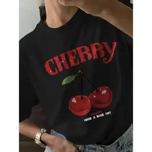 Cotton cherry colored T-shirt, women's casual round neck short sleeved top, shipped within 24 hours, paired with cherry and letter patterned T-shirt, suitable for spring, summer, and autumnRAIMENTRY
