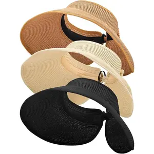 3PCS Women'S Foldable Straw Sun Visors with Wide Brims, Ideal for Summer Beach Outings Or Everyday Wear