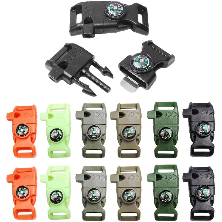 12-Pieces Multicolor 5/8-Inch Compass Flint Scraper Fire Starters Whistle Buckle Paracord Bracelet - Glow-in-Dark Survival Tool, Stylish Accessory for Outdoor Adventures Emergencies
