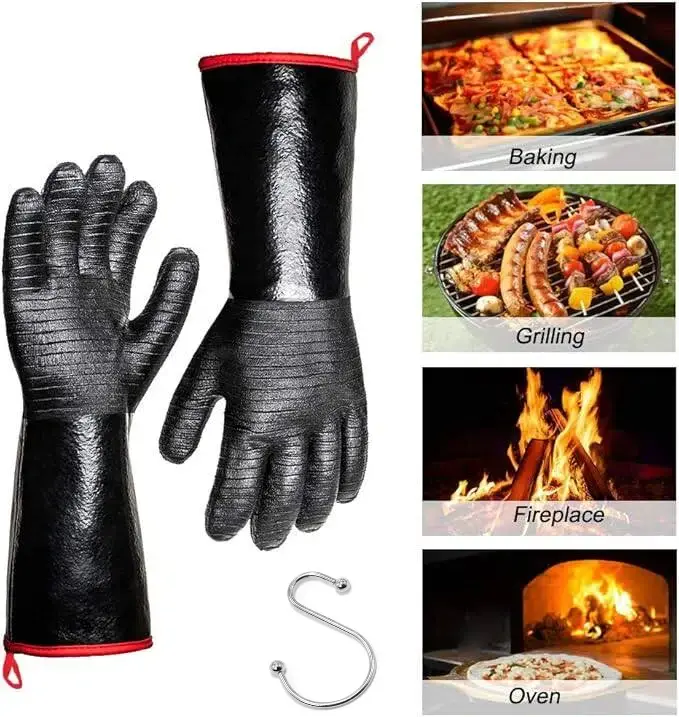 1472°F  Extreme Heat Resistant Gloves for Grill BBQ,Aillary Waterproof Long Sleeve Pit Grill Gloves for Fryer, Baking, Oven,Smoker,Fireproof, Oil Resistant Neoprene Coating,Black（14-Inch ）