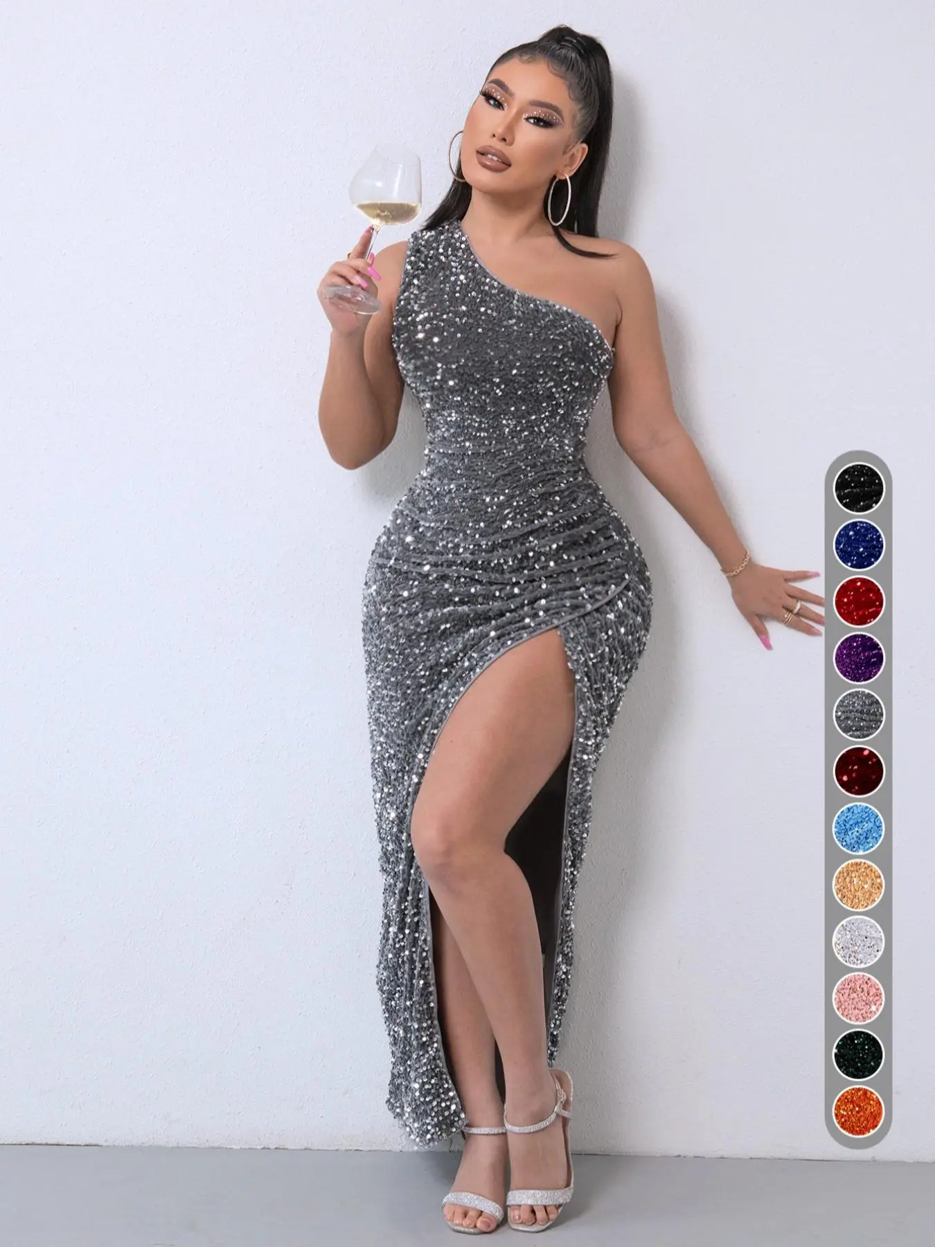 Women's Glitter Sequin One Shoulder Ruched Split Thigh Bodycon Dress, Elegant Sleeveless Embellished Summer Dress, Elegant Chic Party Sparkly Long Evening Glam Gown, Formal Wear
