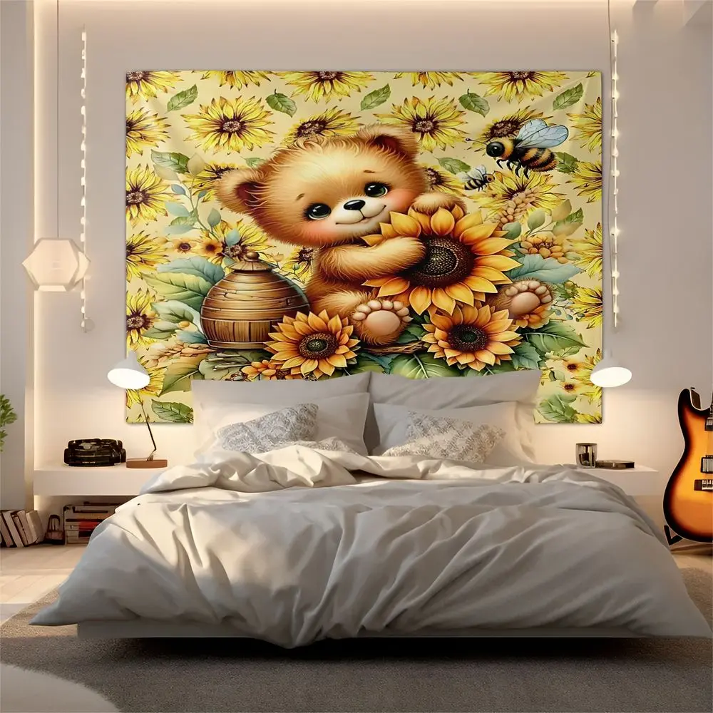 Charming Brown Bear Wall Tapestry, Adorable Digital Print Tapestry for Home Decor, Featuring a Cuddly Bear with Sunflower and Bees, Wall Hanging for Kids' Rooms, Playrooms, or Cheerful Living Spaces, Vibrant Summery Colors, Whimsical Artwork