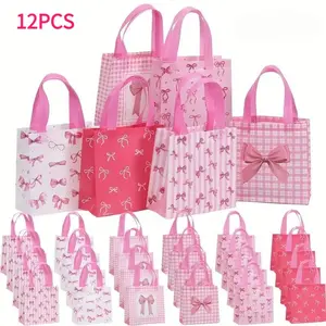 12-Pcs Gift Bags with Bows, Reusable Non-Woven Shopping Tote Bags with Handles, Party Favor Bags, Party Favor Packs for Birthday, Wedding, Baby Shower, Christmas (7.8x7.8x3.5Inches)