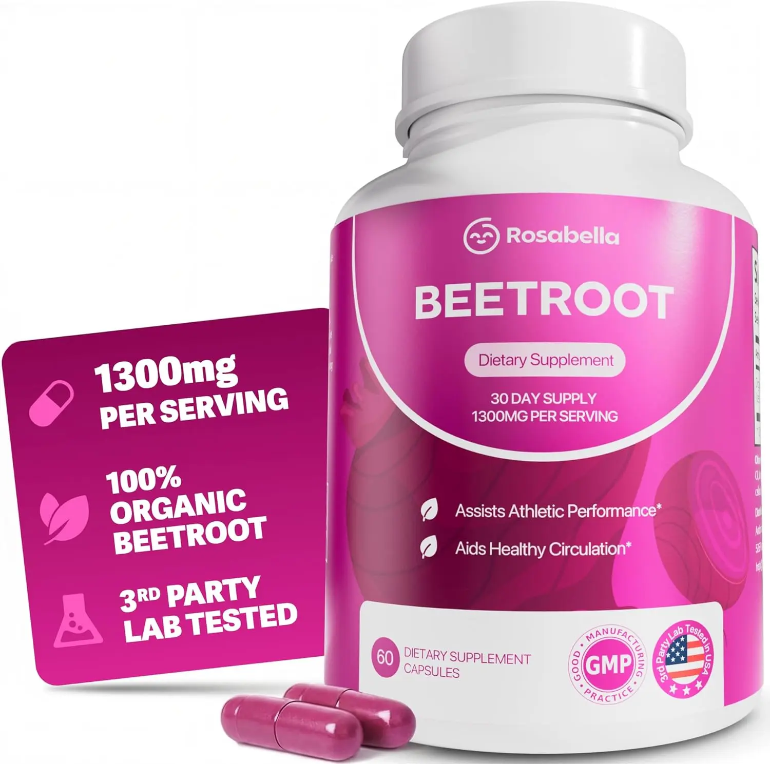 Rosabella Organic Beetroot Capsules (1300mg) for Blood Flow & Heart Health