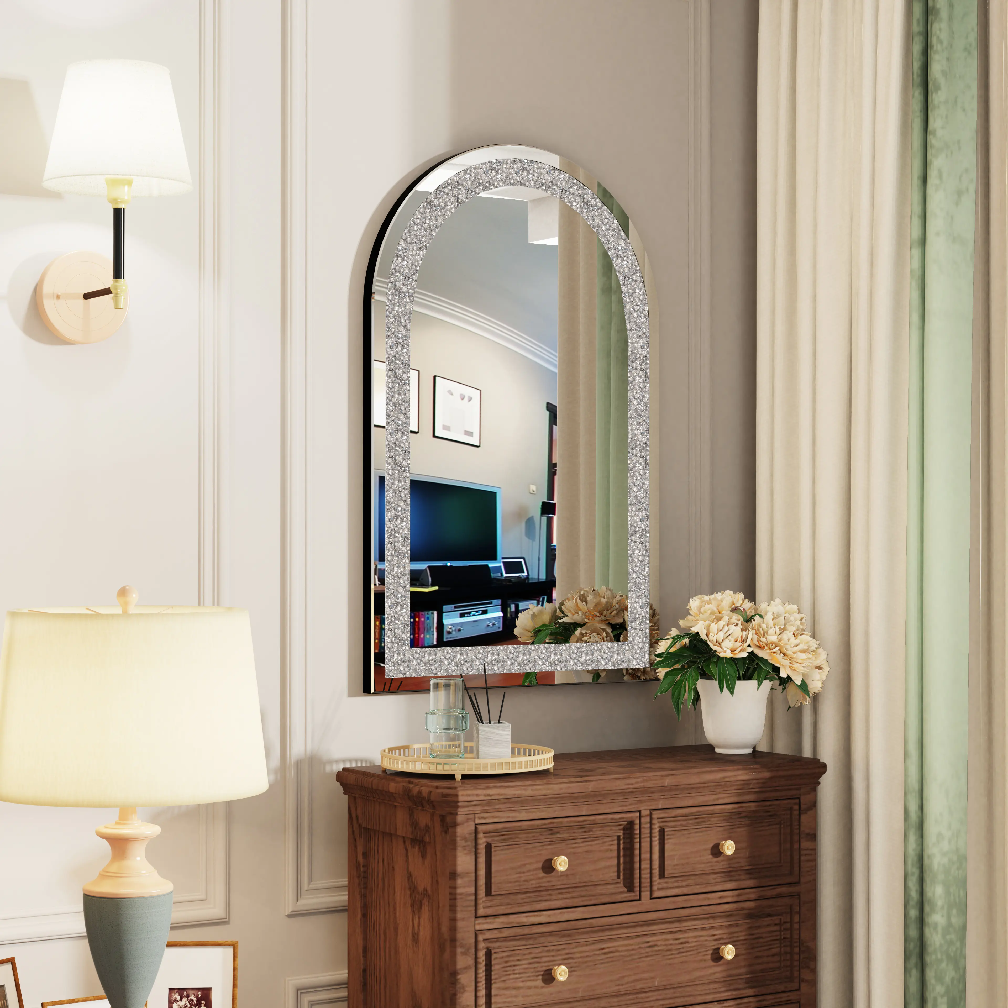 Arched Crush Diamond Wall Mirror Bedroom Sparkle Wall Hanging Accent Mirror Entryway Decor Mirror
