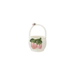 Strawberry Stoneware Basket-Shaped Container with Handle, Compact Kitchen Home Organiser, Fruit Storage Solution, Ideal Home Supplies Gift