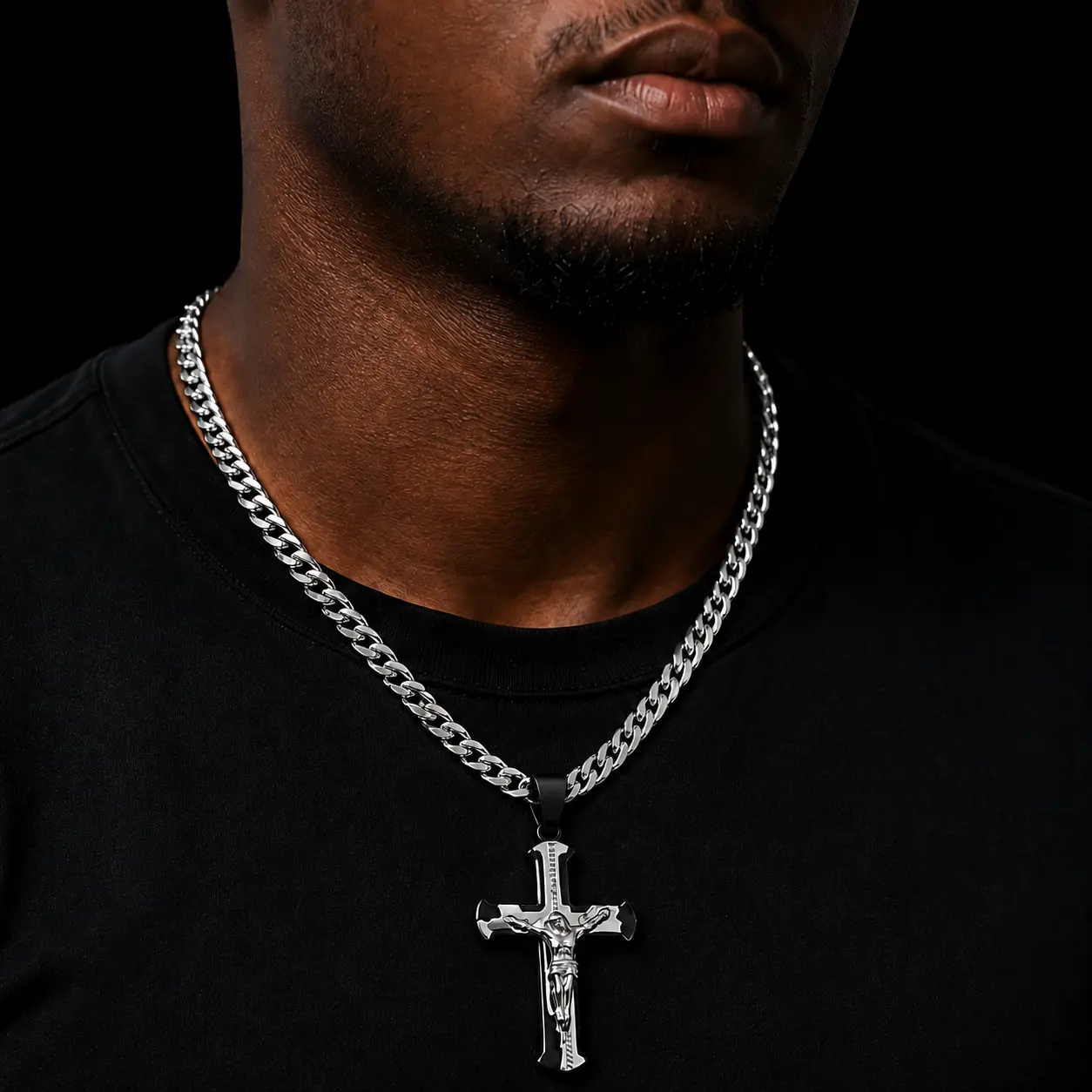 【AMKMAX】Stainless Steel Cross Necklace for Men, Silver Black Crucifix Pendant with Cuban Link Chain men's jewelry accessories y2k