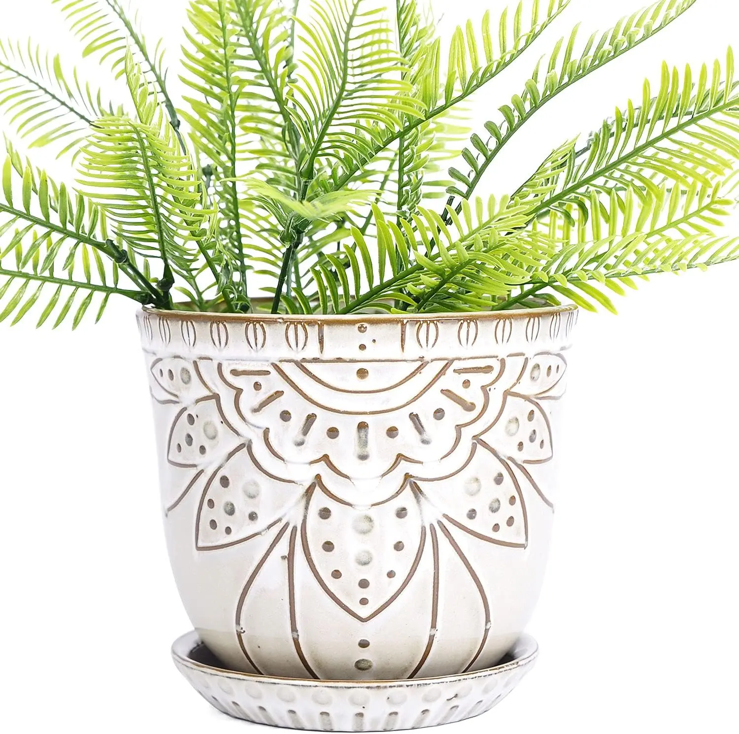 5.9 inch Round Bohemian Style Ceramic Planter, Geometry Engrave  Brown Planter Flower Pot, Indoor Outdoor Decorative Planter