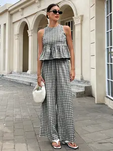 Fashion Street Style Casual Set, Summer New Round Neck Sleeveless Plaid Shirt & Pants, Fitted Solid Blouse + Jogger, Womenswear, Fashion Clothes Set
