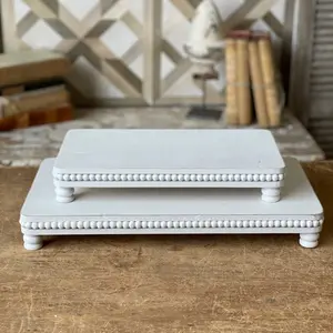 Farmhouse Beaded Wood Display Tray, White Distressed Risers, Cottage Style Decorative Accent