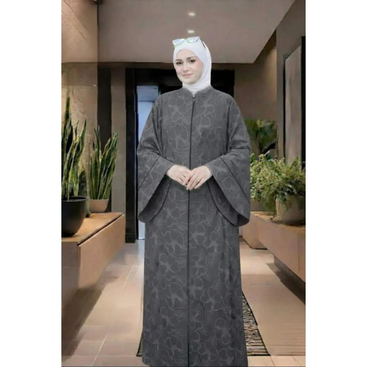 Women’s Muslim Modest Floral Summer Gulf Abaya, Lightweight Crinkled Crepe Free Size Dress