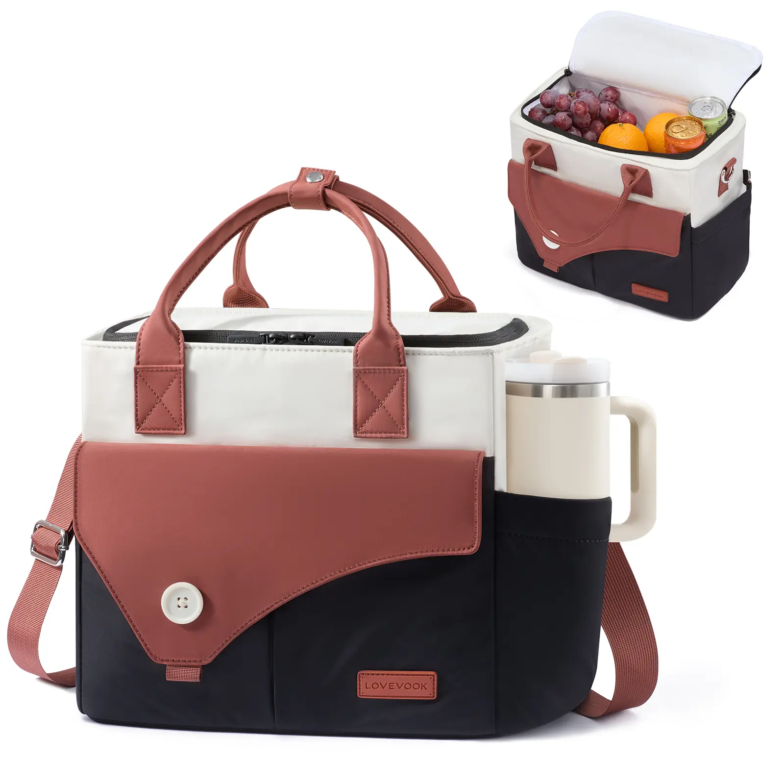 LOVEVOOK Cute Insulated Lunch Bag for Women, Wide Opening Leakproof Cooler Tote with Large Cup Holder and Shoulder Strap, Adult Lunch Box for Work Picnic Campus