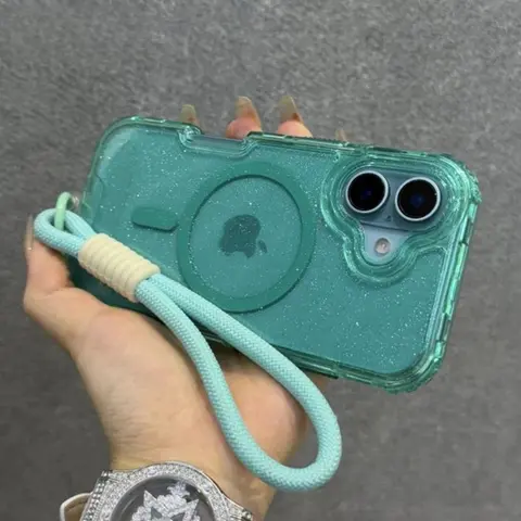 Glitter Transparent Magnetic For Magsafe Case Protector Smartphone Casing For iPhone 17 15 14 Plus 13 16 17Pro Max Wrist Strap Lanyard Shockproof TPU Cover Cellphone Accessory Protective Armor Cover