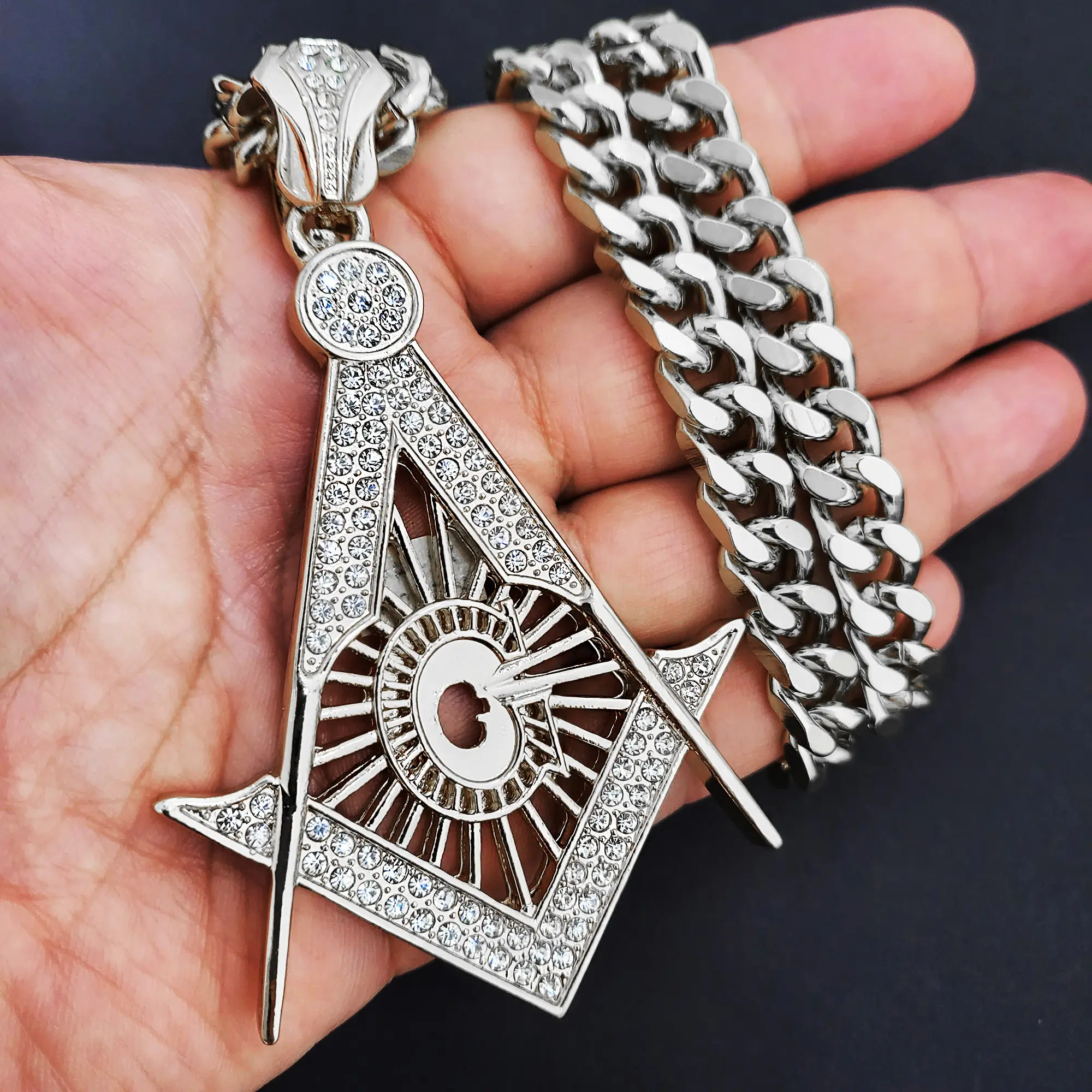 MaxBling81 Men's Cuban Link Chain Necklace, Hip Hop Punk Style 10mm Silver-Plated with Large Iced Out Masonic Pendant, Adjustable 18-30in, Punk Style Cubanchain, Rhinestone Decorated Jewelry, Casual, Large Pendant