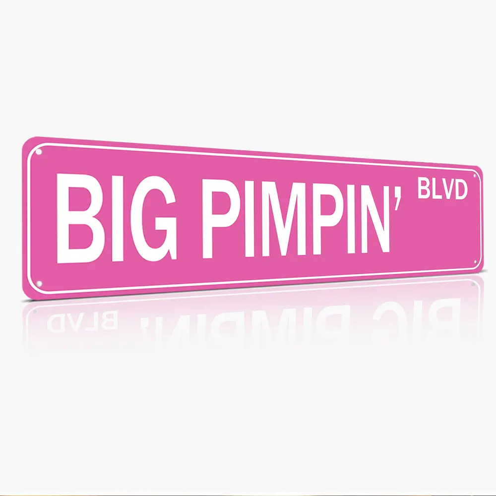 "Big Pimpin' Blvd" Funny Street Sign, Bold Pink & White Style, 16"x4", Durable Aluminum, Indoor/Outdoor Bar & Bedroom Decor, For Party & Hip-Hop Fans, Eye-Catching & Playful, Gag Gift For Friends