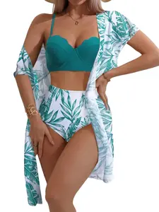 Women's Leaf Print Swimsuit Set, Beachwear Swimsuit, Boho Spaghetti Strap Push Up Swim Bikini Tops & Cover Up & High Waist Panty, Bikini Sets, Boho Style Summer Beach Swimwear Set