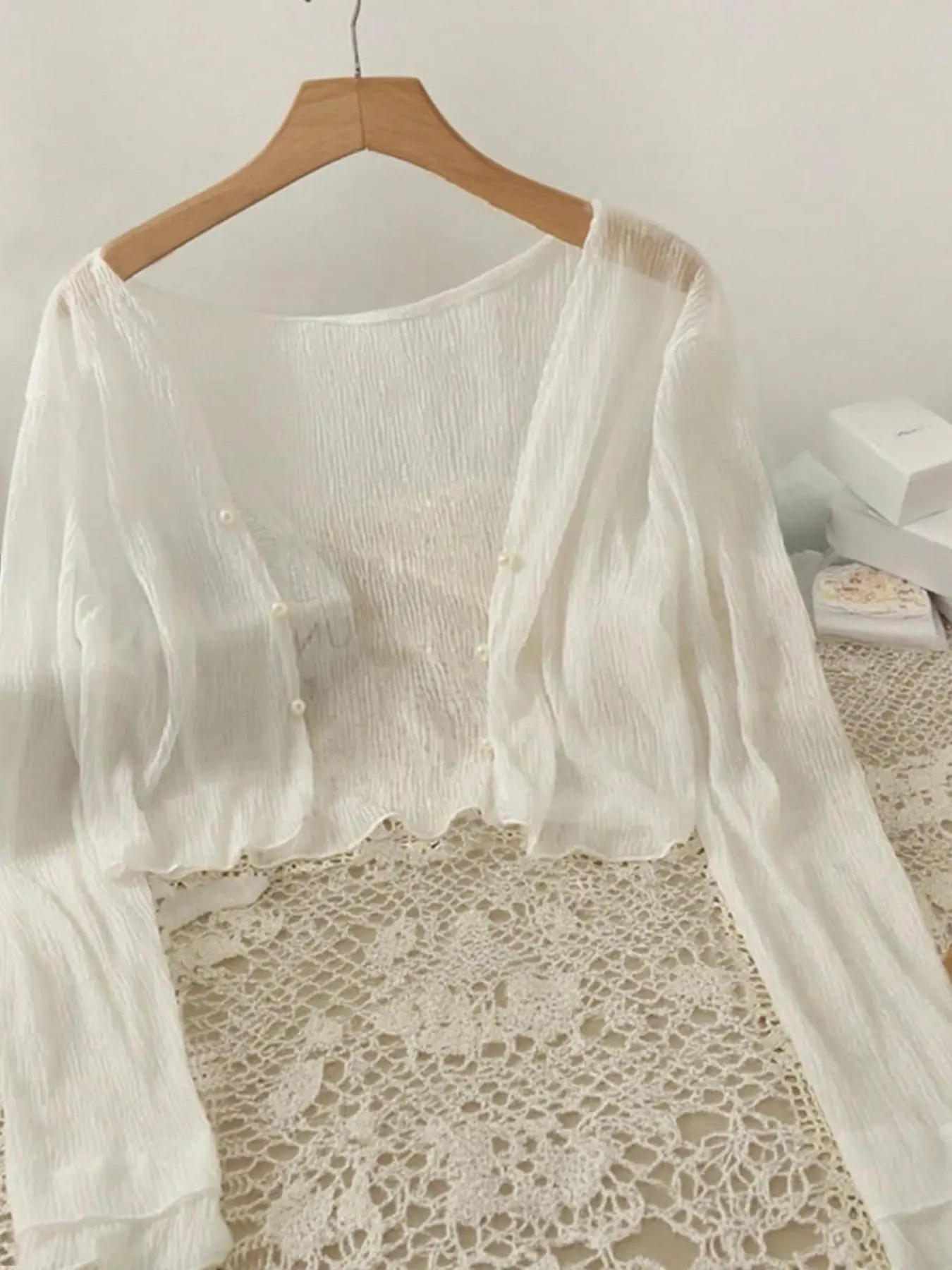 Elegant Lace Button-Up Long Sleeve Cardigan, Casual Summer Short Style, Versatile Thin Shawl, Women's Fashion Outerwear, Womenswear, Top, Elegance, Lady
