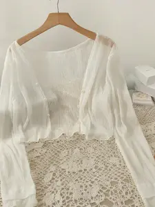 Elegant Lace Button-Up Long Sleeve Cardigan, Summer Short Style, Versatile Thin Shawl, Women's Fashion Outerwear, Womenswear