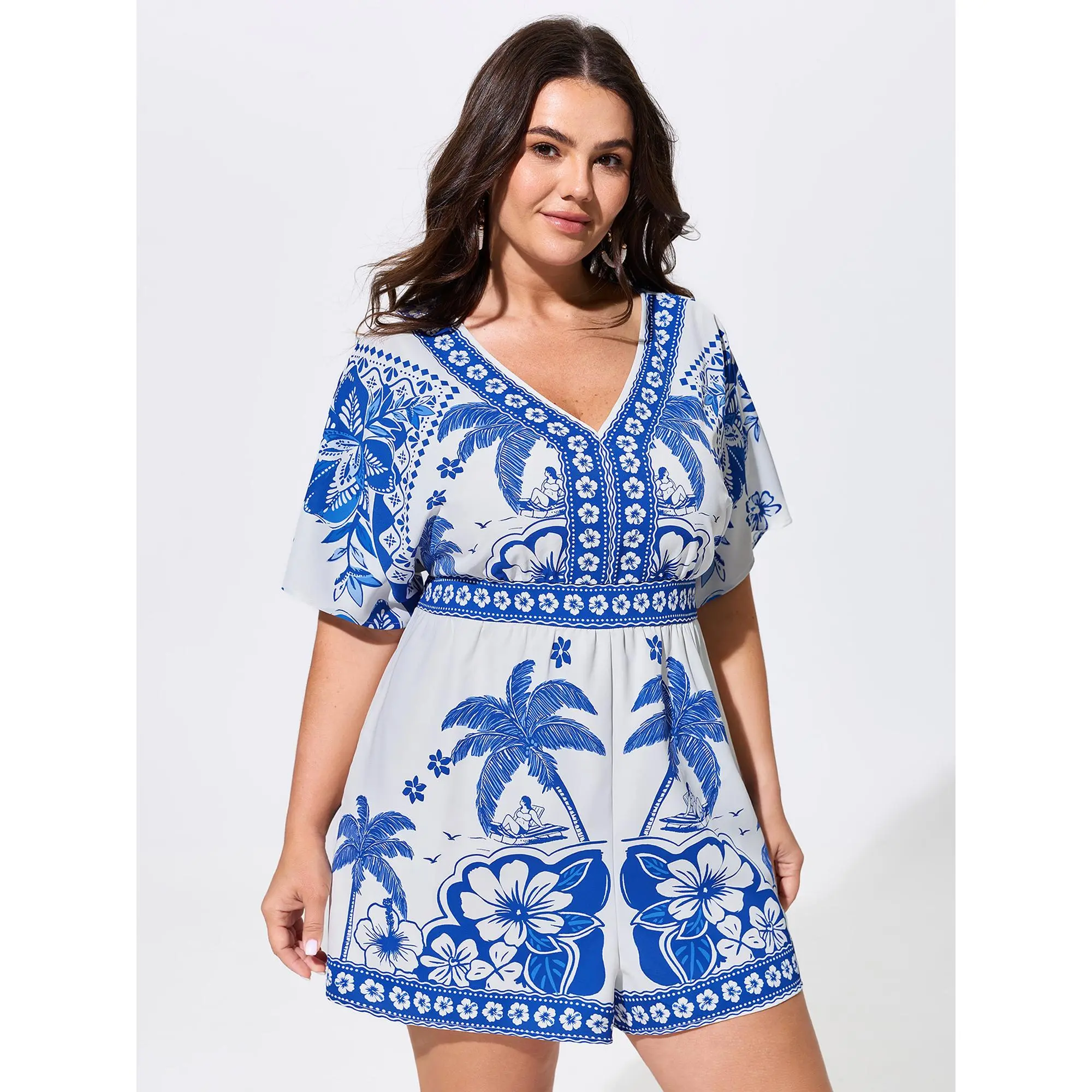 BLOOMCHIC Women's Plus Size Polyester Tropical Floral Print Shirred Waist Overalls - Smooth Fabric, Pocket Design, Size M-6X 2026 Summer Finds, Bohemian