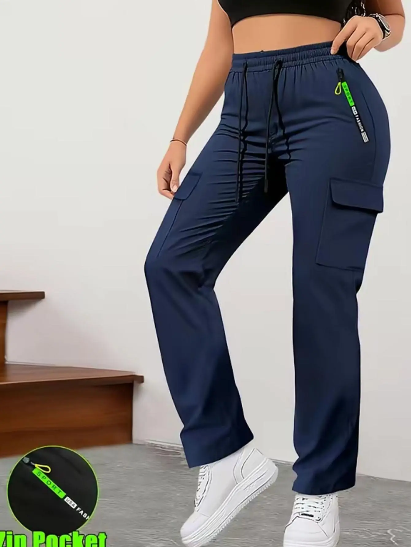 stylish fashionable large pocket design with elastic waistband  Women’s summer cargo pants with zippered pockets , casual outdoor/daily long slim-fit pants 