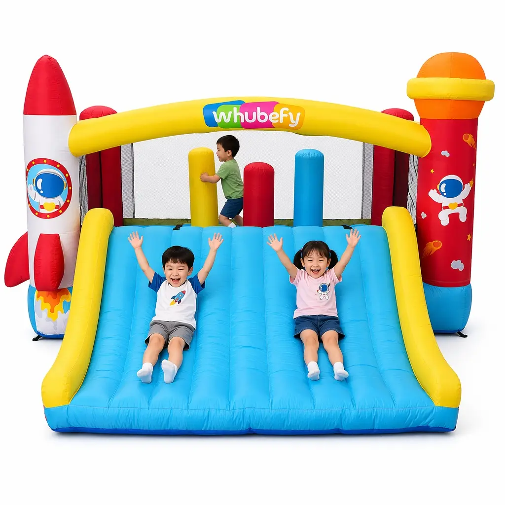 Whubefy Inflatable Bounce House for Kids 3-8 Space Rocket-Themed Bouncy Castle with Ball Toss Game, Animal Astronaut Cosplay, Slide & Blower, Basketball Rim, Toddler Indoor Outdoor,Birthday Party,Gifts for Kids