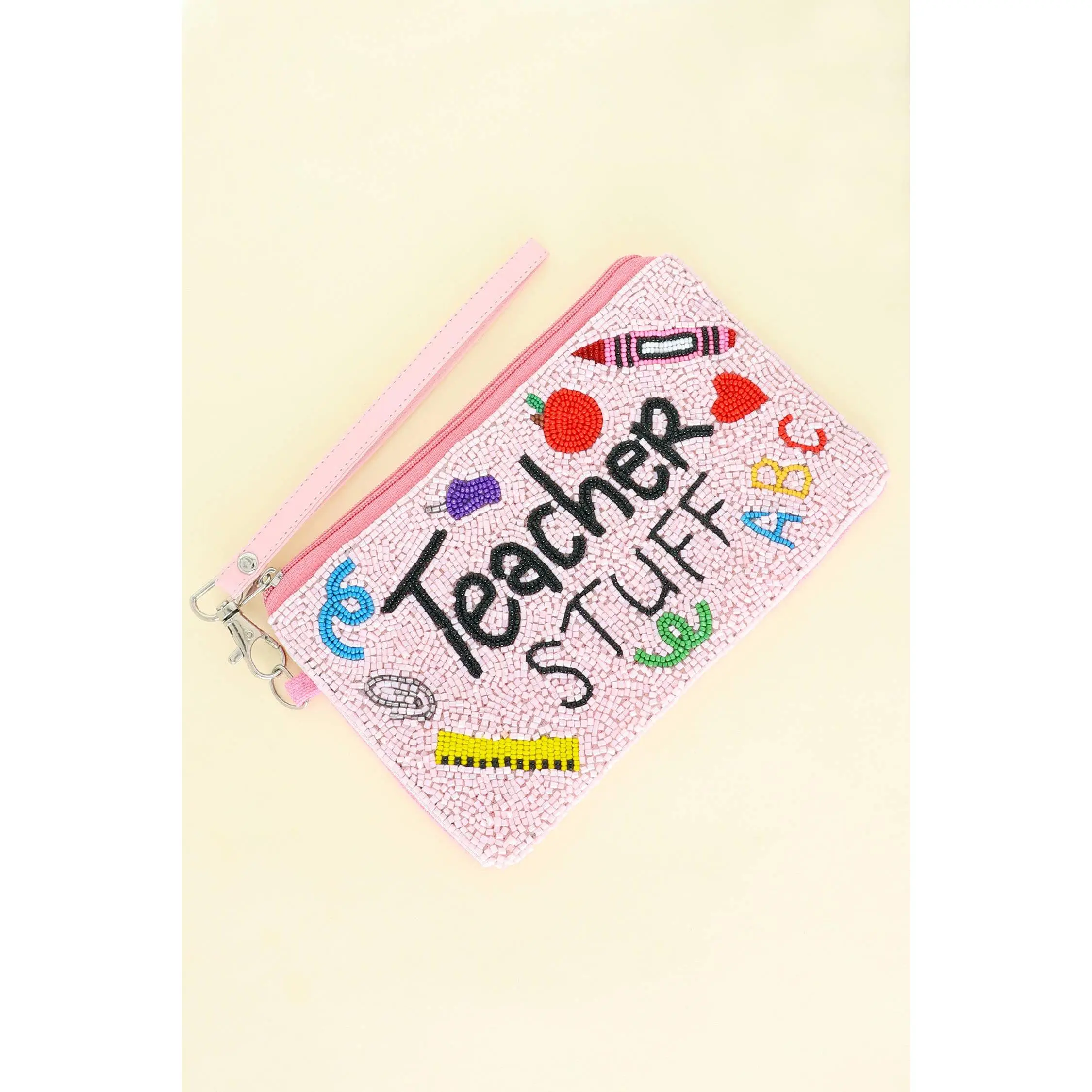 Teacher Appreciation Wristlet Coin Bag - Colorful Embroidered Design with "Teacher STUFF" Text, Pink Handle, and Clip Closure