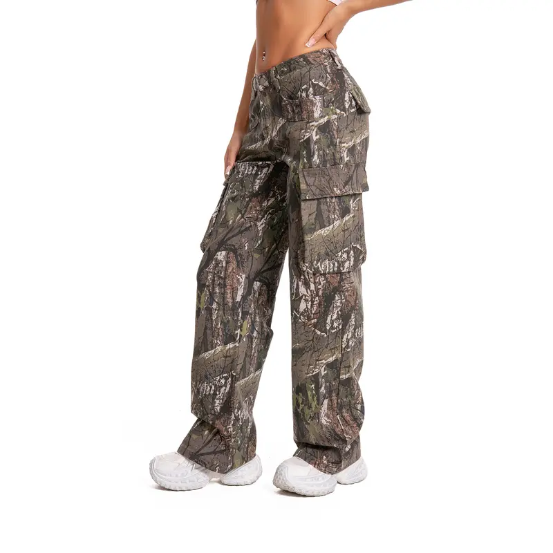 Camo Cargo Pants Tall Girl Friendly for Women with Multi-Pockets and Mid Waist Wide Leg Baggy Y2K Trousers