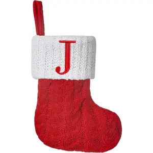 Mini Red Knit Stocking,8.5 Inches Initial Monogram Embroidered Christmas Stocking,Family Fireplace Hanging Ornament Xmas Holiday Decor Gift-Letter J