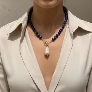 Natural Lapis Lazuli Blue Beaded Necklace with Irregular Baroque Pearl Pendant Vintage Gold OT Toggle Clasp Necklace for Womens Elegant Gemstone Jewelry Gift