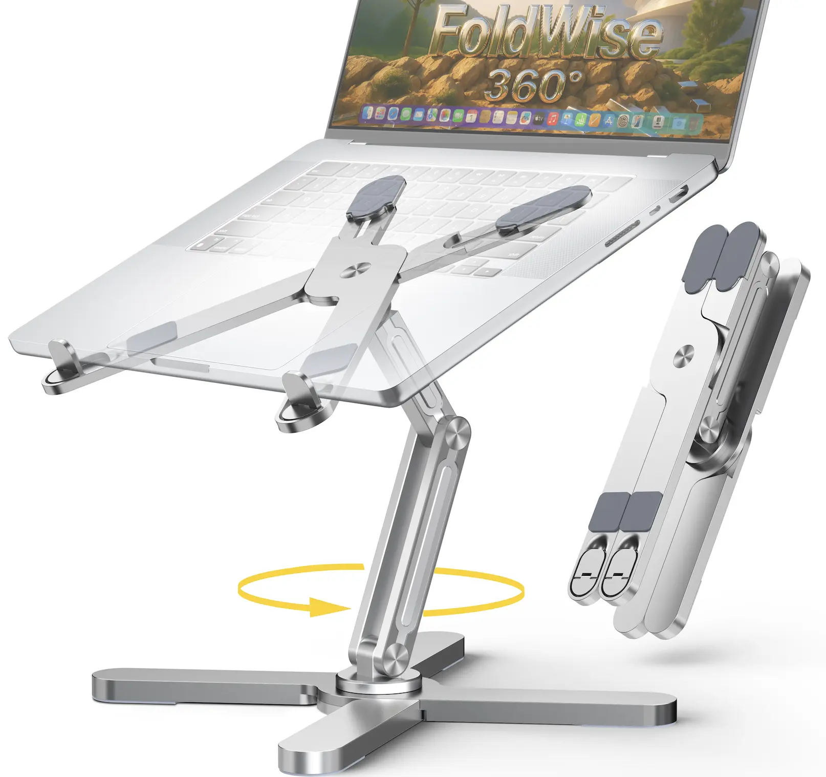FoldWise X Premium Laptop Stand for Desk - 100% Aluminum, Portable & 360° Rotating - Adjustable Height & Angles Laptop Riser - Sturdy & Foldable MacBook Stand Compatible with All 11-18” Devices