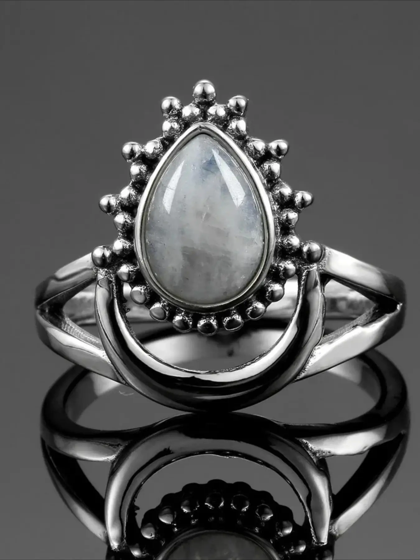 Labradorite Ring for Women, Statement Rings, Fashion Rings, Teardrop Gemstone with Iridescent Flash & Beaded Crescent Band, Vintage Boho Sterling Silver Jewelry, Unique Rings, Bohemian Fashion Ring
