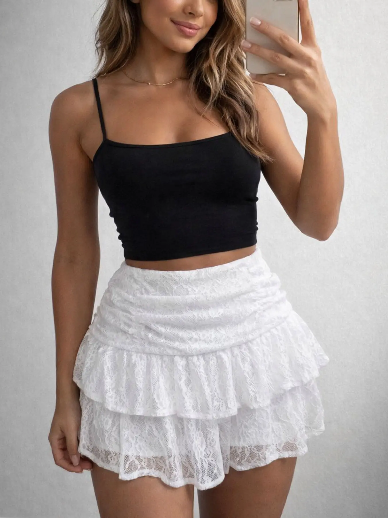 Women's Solid Lace Tiered Skorts, High-Waist 2-in-1 Tennis Skirt Shorts with Ruffle Trim, Lightweight Breathable Summer Bottoms, Skirts with Shorts Underneath