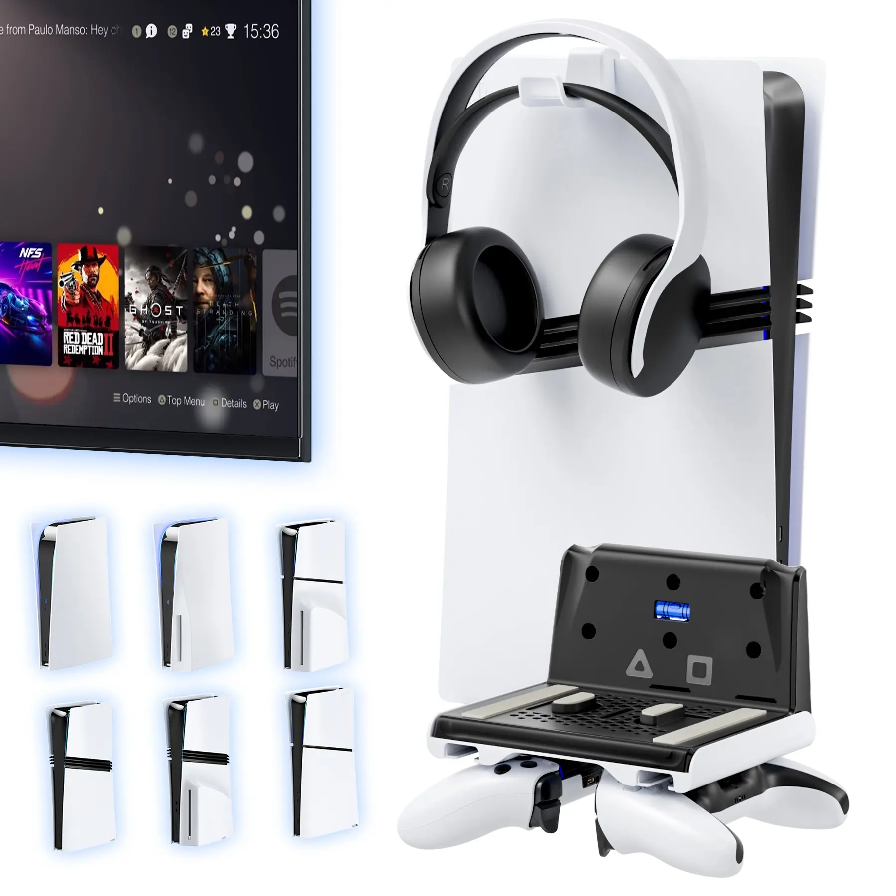 Ps5 Wall Mount Kit with Controller Stand, Organiser, Durable, Compatible with Ps5/slim/pro, Floating Installation, Vertical Shelf Storage, Airflow, Console Accessories, Headphone Holder, Organizer