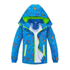 NewBoys Dinosaur Rain Jacket Kids Waterproof Outerwear Removable Hood Lightweight Hooded Mesh Lined Raincoat Windbreaker