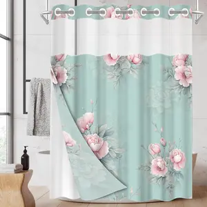 1pc hookless shower curtain with buckle lining, spring pink and green floral design, 2D flat printing, fabric waterproof lining, see-through double-layer shower curtain, 71 x 74 inches, modern home draping curtain, Cloth shower curtains