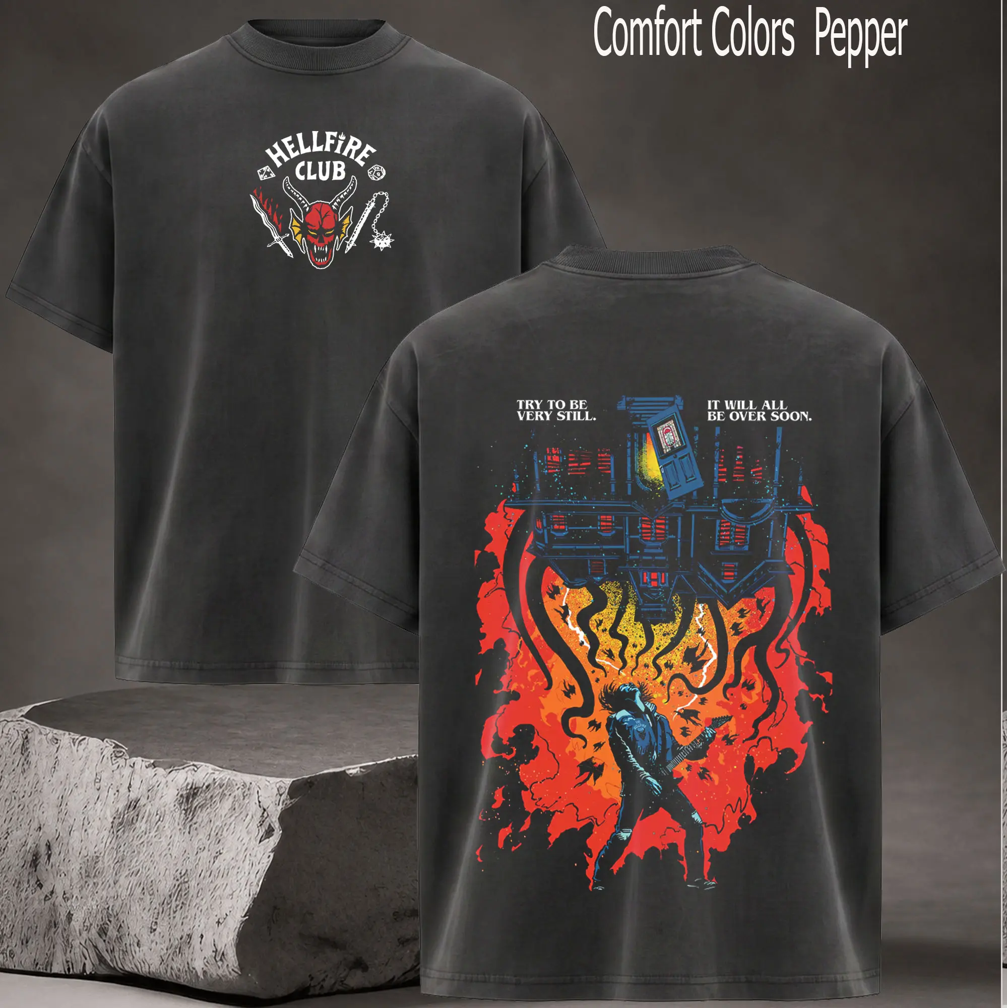 Eddie Munson Hellfire Club Stranger Things Double Printed Oversize Lightweight Acid Washed Tee TV Show Graphic Top Cotton Gift T-Shirt For Comic Lover, Gift T-Shirt For Movie Lover