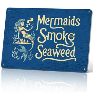 Mermaids Smoke Seaweed Funny Metal Sign 12x8 In Aluminum, Retro Mermaid Tin Sign for Beach House Decor, Funny Weed Wall Art for Stoner, 420 Gift, Vintage Mermaid Plaque for Beach Bar, Patio, Poolside, 12x8 Inch Aluminum Sign for Coastal Home