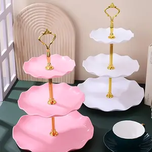 Elegant 3 Tier Plastic Cake Stand with Gold Handle, Wave Edge Design, Perfect for Weddings Birthdays Tea Parties, Durable Non-Electric, Cake Decorating Supplies