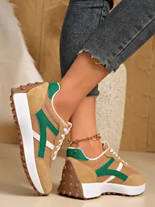 Women's Fashion Sneakers Thick Sole Design, Rubber Sole, Casual Comfort Walking Shoes, Daily Wear Textile Upper, All Seasons