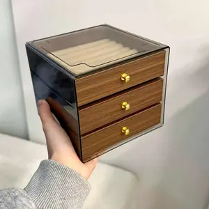 Large Capacity Jewelry Box Shiny Walnut Wood Grain Anti-Oxidation Ring Bracelet Earring Elegant Storage Drawer Type Organizer, 3 Layer/5 Layer