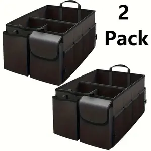 2Pcs Car Trunk Organizer, Collapsible Multi Compartment Vehicle Storage Box, Waterproof Adjustable Automotive Organization Container Accessories, Universal For SUV, Sedan, Truck (Black)