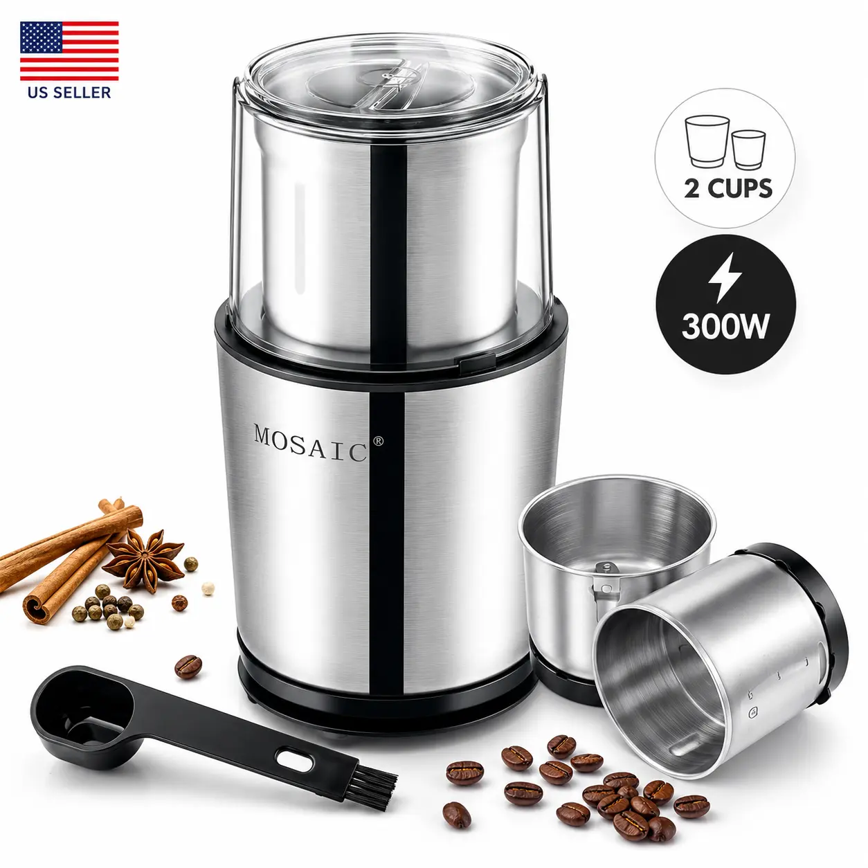 Electric Coffee Grinder with 2 Stainless Steel Bowls - Spice, Herb, and Espresso Grinder - Dishwasher Safe - Silver