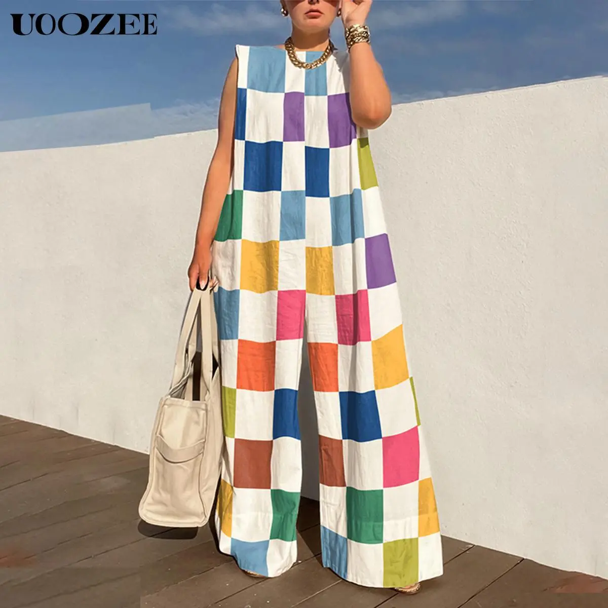 UOOZEE Women's Chic Loose Sleeveless Plaid Pattern Overalls Pants - 80% Dacron Linen-Cotton Blend, Zip Closure, Comfortable, Lightweight, Colorful, Accessories-Compatible, Machine Washable, All Seasons Casual Dressy Bottoms, Overalls For Women