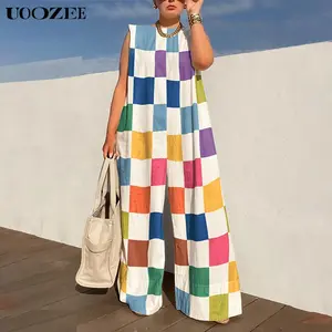 UOOZEE Women's Loose-Fitting Sleeveless Plaid Linen-Cotton Blend Overalls, Machine Washable Pants, Stylish Women's Wear, Casual Outfits, Lightweight Colorful Everyday Romper